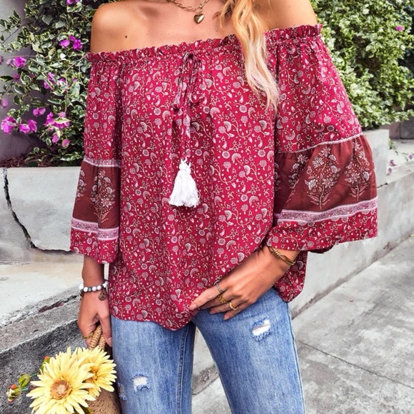 Off the shoulder 3/4 sleeve tassel paisley floral print boho top blouse - Picture 5 of 6